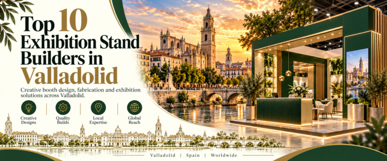 Modern top 10 exhibition stand builders in Valladolid banner with green and gold trade show booth 2026