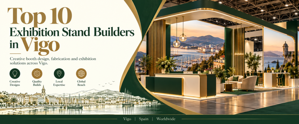 Modern top 10 exhibition stand builders in Vigo banner with green and gold trade show booth 2026