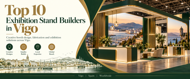 Modern top 10 exhibition stand builders in Vigo banner with green and gold trade show booth 2026