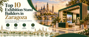 Modern top 10 exhibition stand builders in Zaragoza banner with green and gold trade show booth 2026