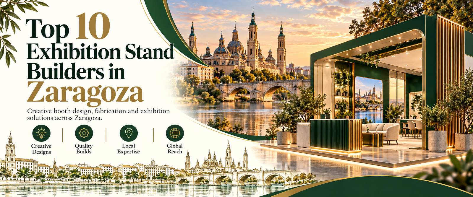 Modern top 10 exhibition stand builders in Zaragoza banner with green and gold trade show booth 2026