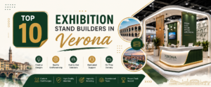 Modern top 10 exhibition stand builders in verona banner with green and gold trade show booth 2026