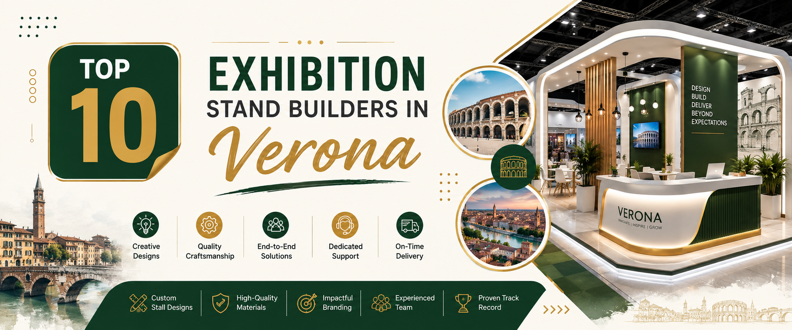 Modern top 10 exhibition stand builders in verona banner with green and gold trade show booth 2026