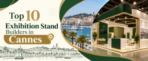 Modern top 10 exhibition stand builders in cannes banner with green and gold trade show booth