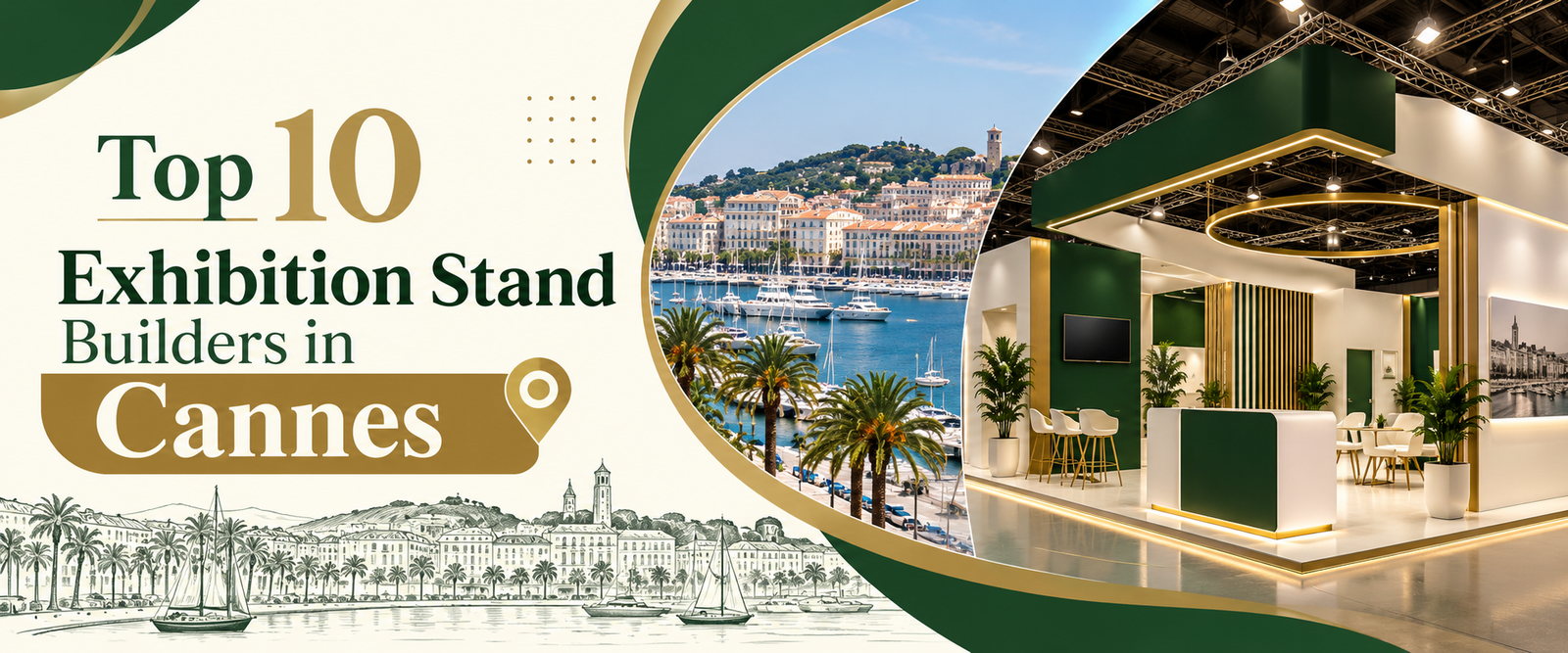 Modern top 10 exhibition stand builders in cannes banner with green and gold trade show booth