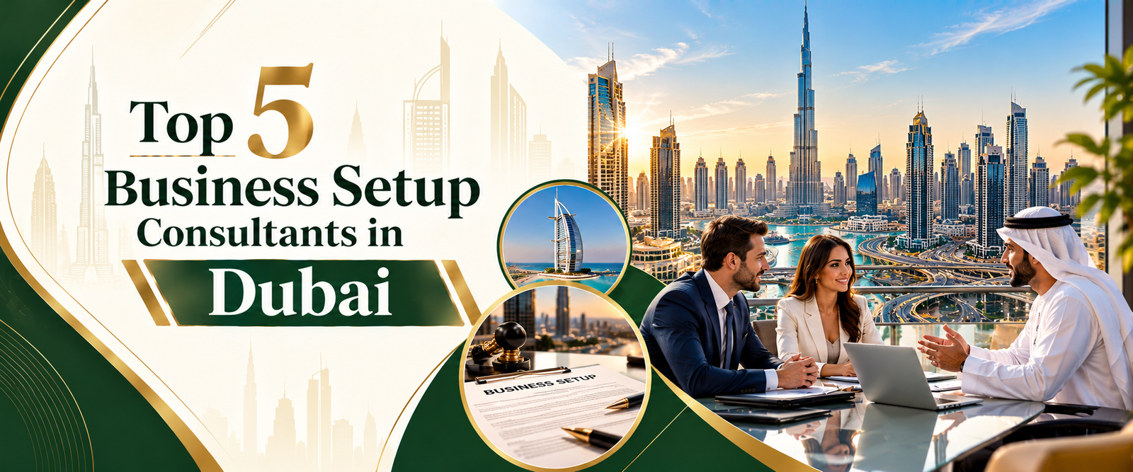 Top 5 Business Setup Consultants in Dubai Banner with green and gold 2026