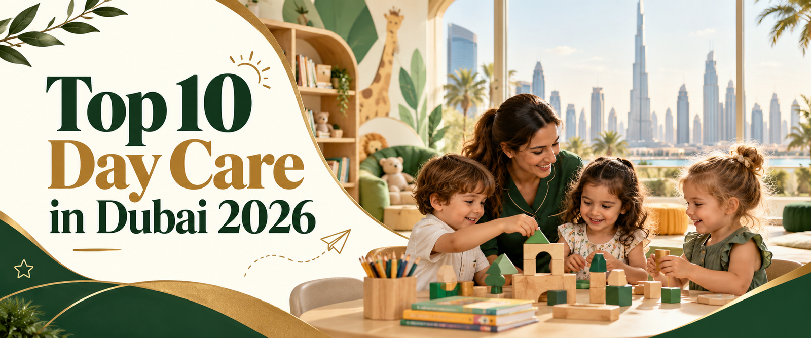 Top10 Day care in Dubai Banner with green and gold 2026