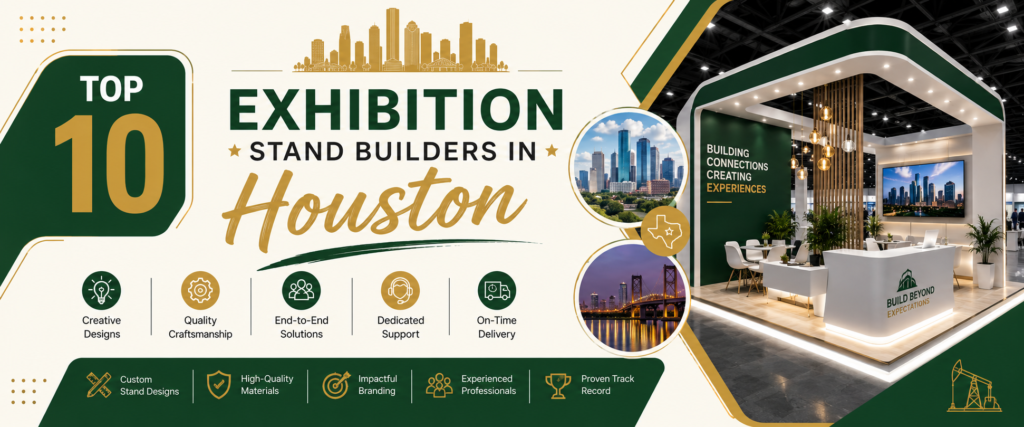 Top10 exhibition stand builders in Houston banner with green and gold trade show booth 2026
