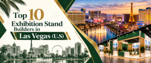 Top10 exhibition stand builders in Las Vegas banner with green and gold trade show booth 2026