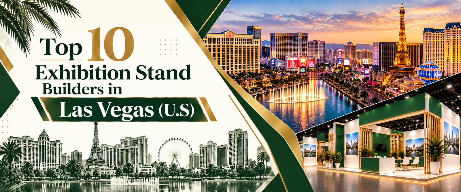 Top10 exhibition stand builders in Las Vegas banner with green and gold trade show booth 2026