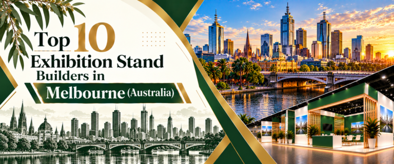 Top10 exhibition stand builders in Melbourne Banner with green and gold trade show booth 2026
