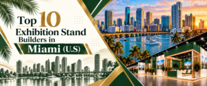 Top10 exhibition stand builders in Miami banner with green and gold trade show booth 2026