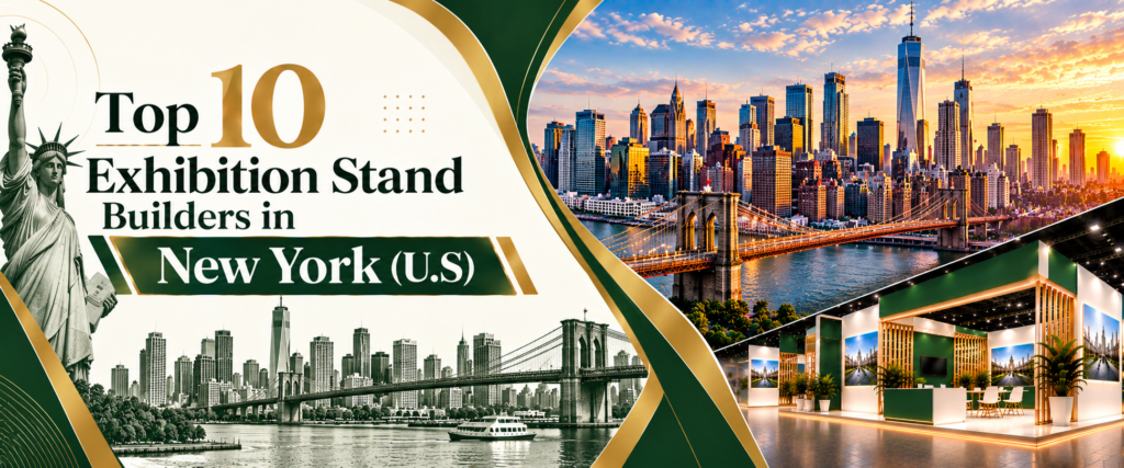 Top10 exhibition stand builders in New York banner with green and gold trade show booth 2026