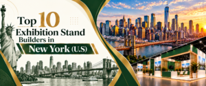 Top10 exhibition stand builders in New York banner with green and gold trade show booth 2026