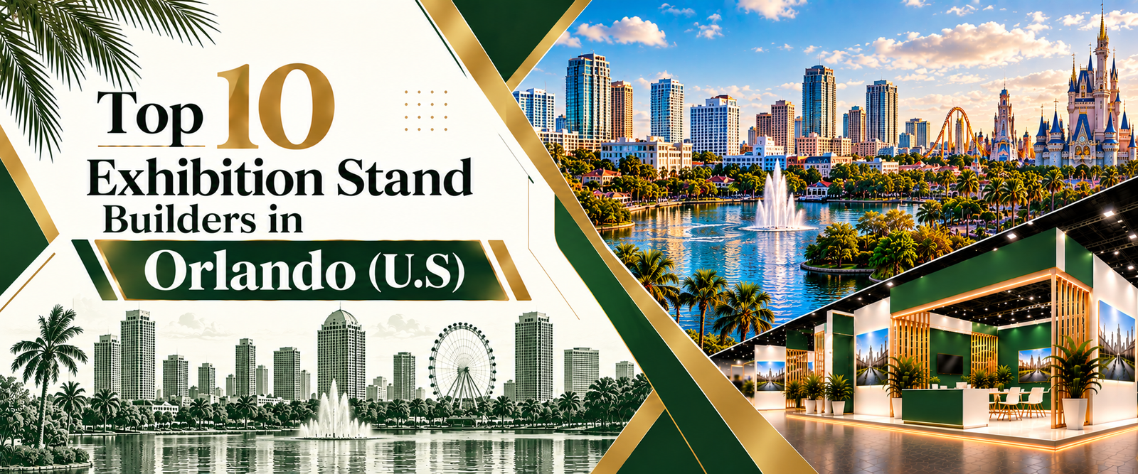 Top10 exhibition stand builders in Orlando banner with green and gold trade show booth 2026