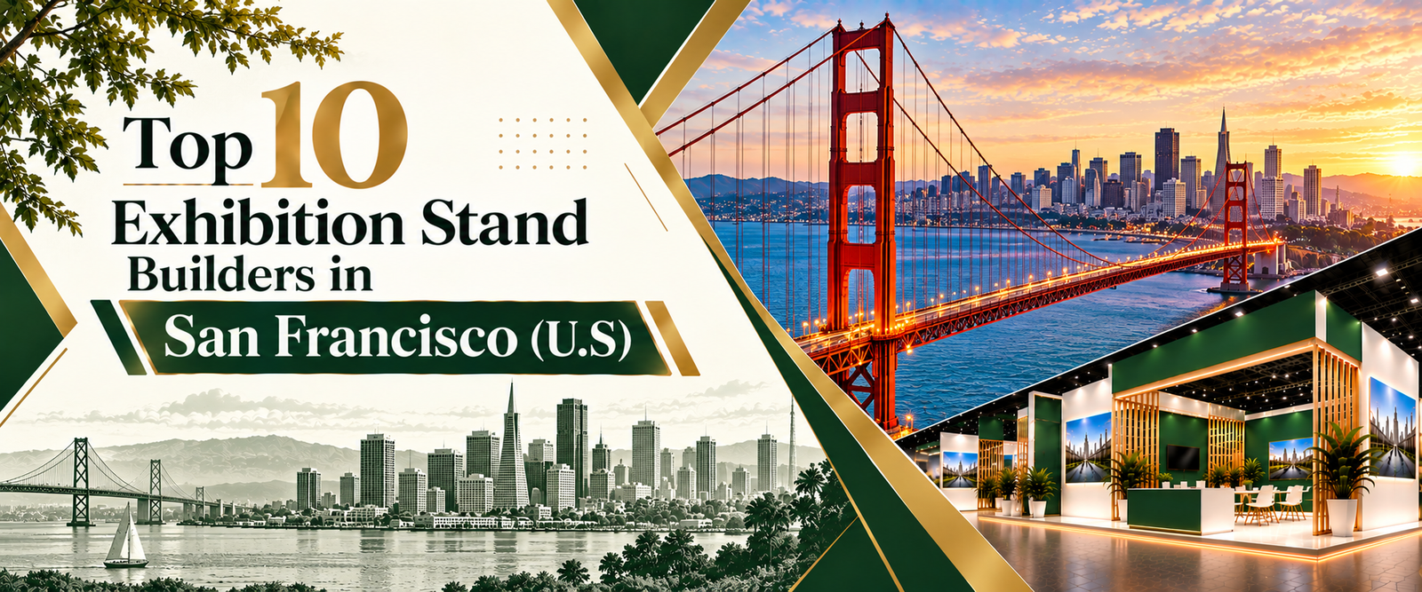 Top10 exhibition stand builders in San Fransisco banner with green and gold trade show booth 2026