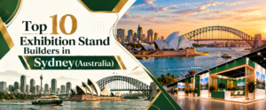 Top10 exhibition stand builders in Sydney Banner with green and gold trade show booth 2026Top10 exhibition stand builders in Sydney Banner with green and gold trade show booth 2026