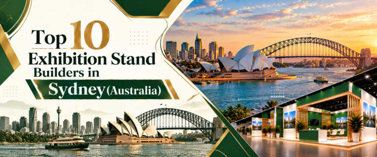 Top10 exhibition stand builders in Sydney Banner with green and gold trade show booth 2026Top10 exhibition stand builders in Sydney Banner with green and gold trade show booth 2026