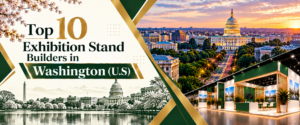 Top10 exhibition stand builders in Washington DC. Banner with green and gold trade show booth 2026